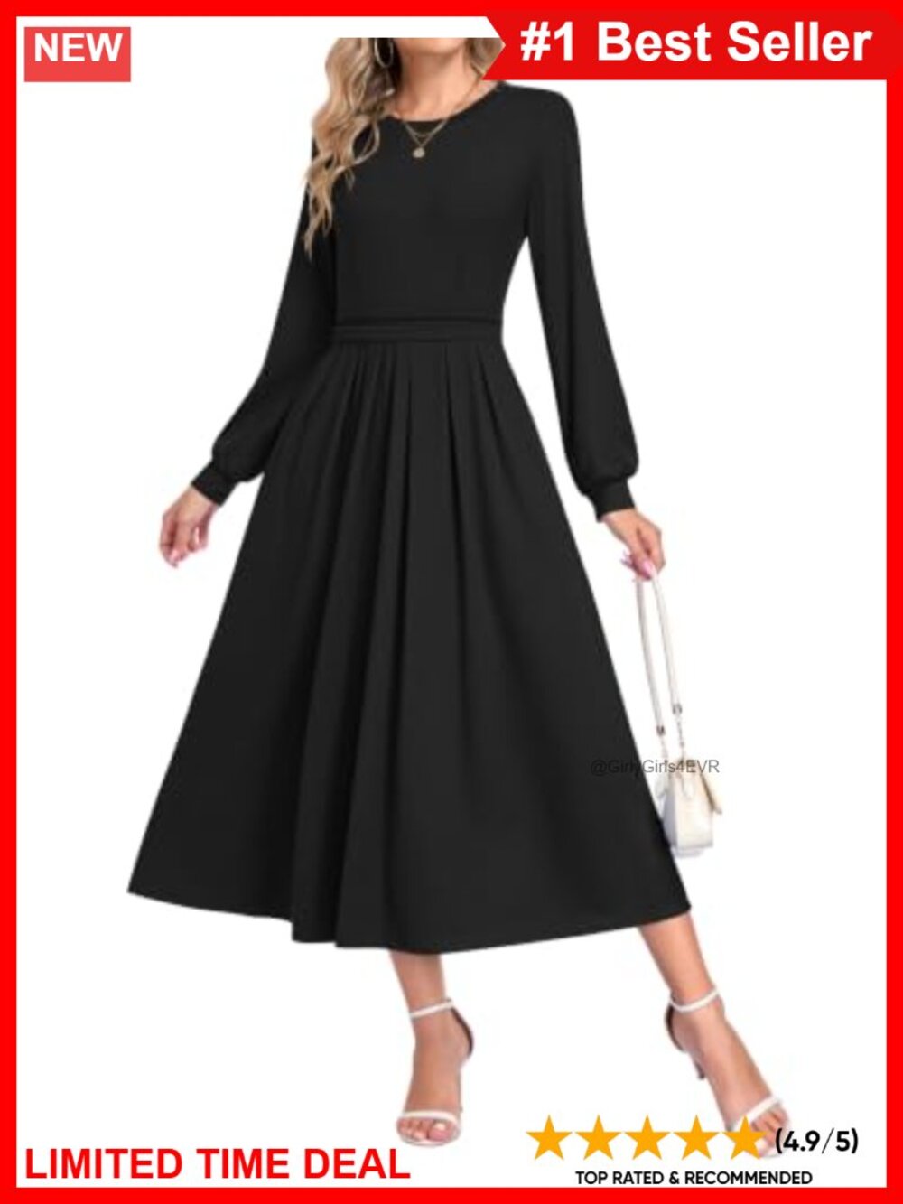 Elegant Long Sleeve Elastic Waist Maxi Dress with Pockets Bishop Sleeve A-Line